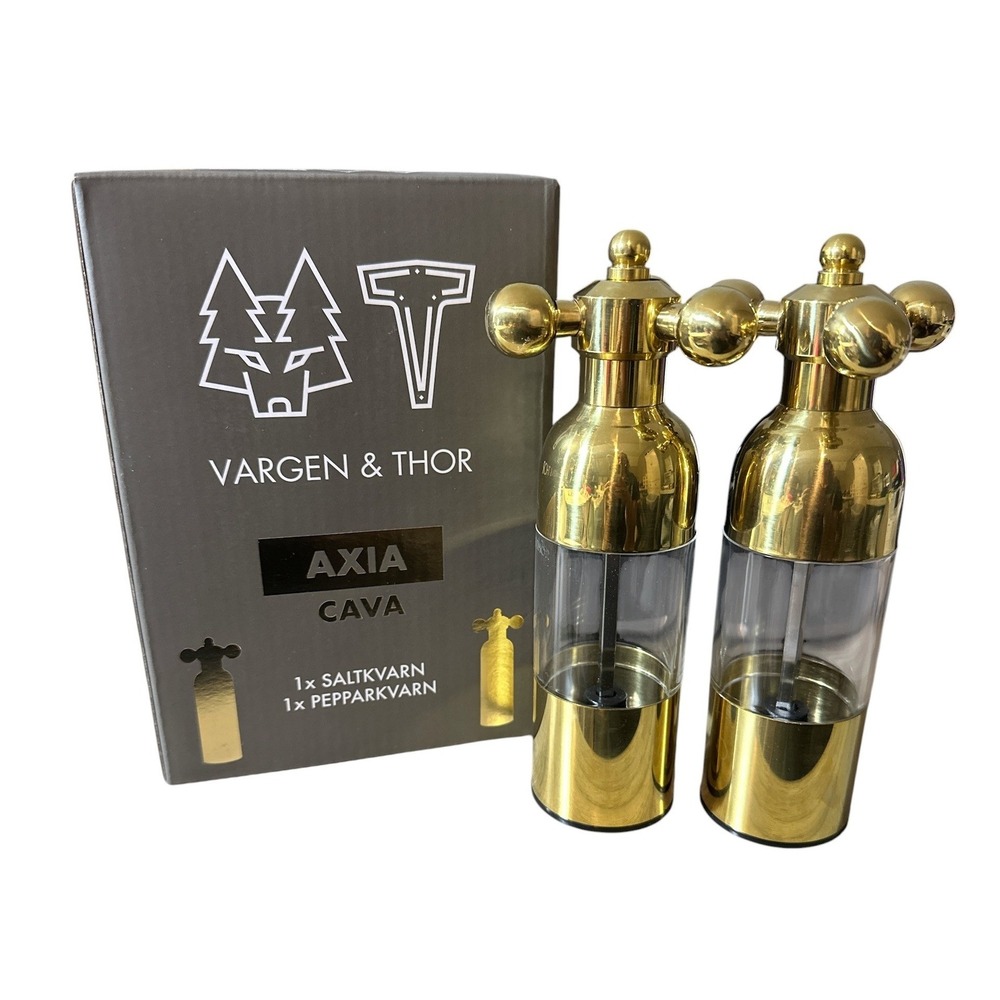 Vargen & Thor Axia Cava Salt and Pepper Mill Set Gold Swedish Design New READ